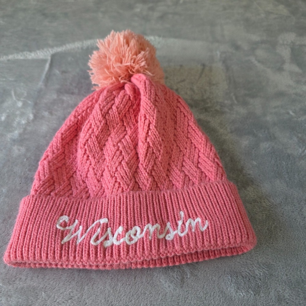 Wisconsin Pink knit, Warm Stocking Hat W/ White Stitch & Pompom-OSFM